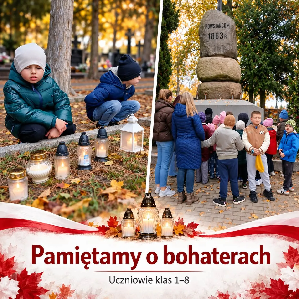 Pamiętamy o bohaterach — uczniowie klas 1–8 podczas wizyty na cmentarzu wojennym.
